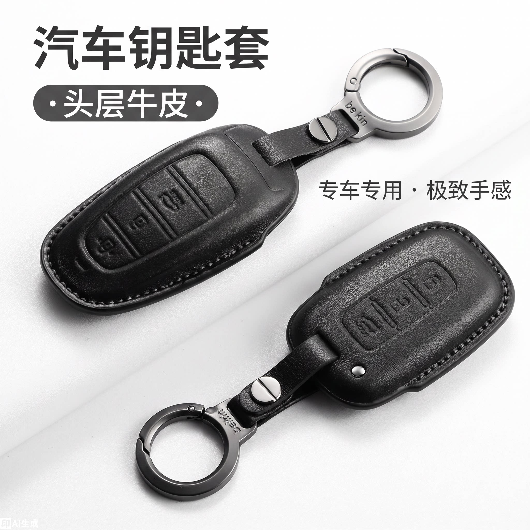 北京现代真皮钥匙套金属环扣