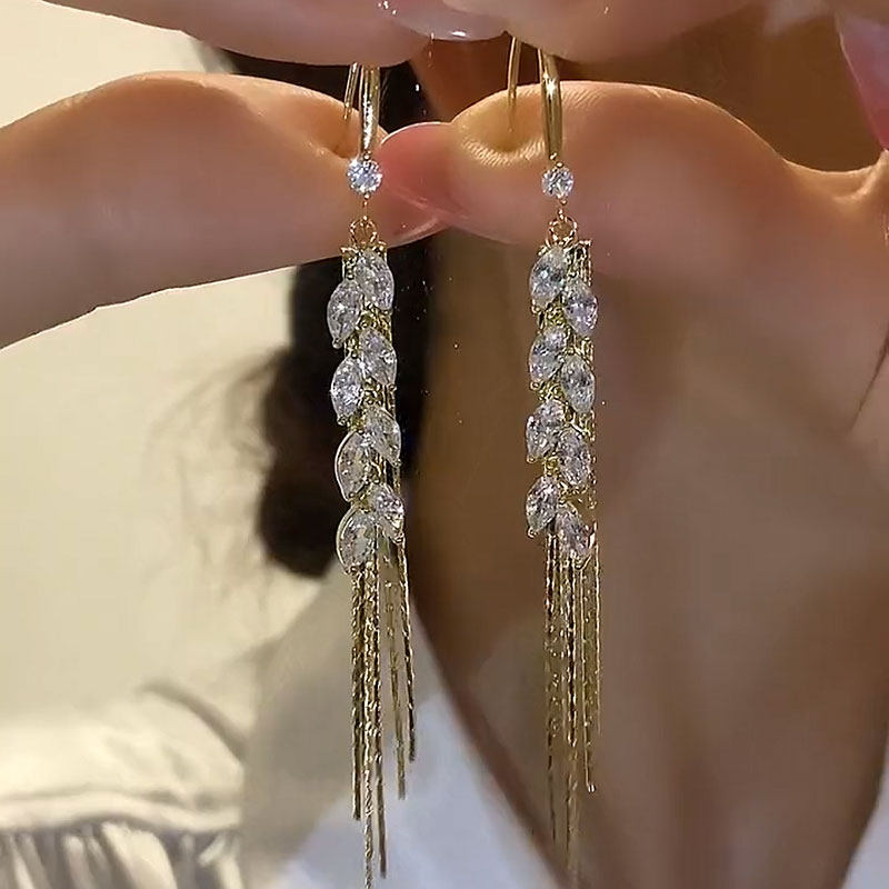 流蘇耳環女輕奢鋯石麥穗法式耳鉤