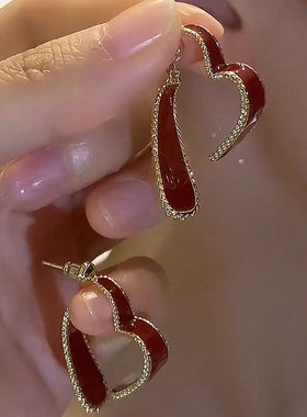 高级感时尚气质红色耳扣滴油爱心锆石女小众耳环百搭显脸瘦耳饰品