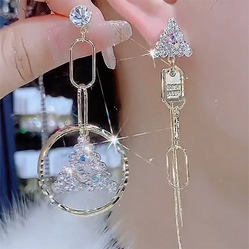 不对称满钻三角形几何耳环女秋冬