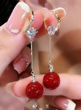 水晶耳扣长款锆石流苏相思豆耳环女波西米亚珍珠红色圆球幸运耳饰