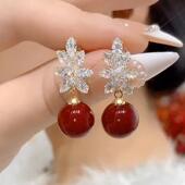 2025年新款 花瓣锆石红珠耳钉复古港风时尚 耳环方圆脸显脸瘦耳饰女