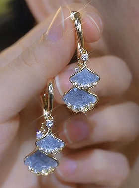 前后戴浅蓝色银杏叶耳环轻奢高级感百搭气质时尚耳坠气质清新耳饰