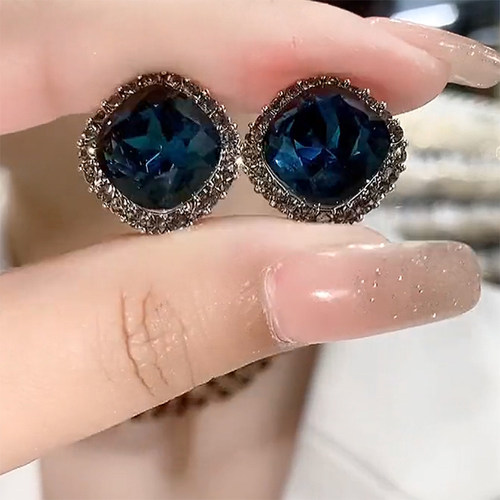 气质灰蓝色水晶耳钉小众设计高级