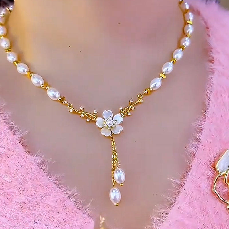 法式高端风花朵珍珠长款流苏锁骨链网红爆款时尚颈链轻奢高级项链