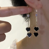 2025年新款 潮黑色爱心流苏耳线民族风气质轻奢耳环高级感百搭耳坠