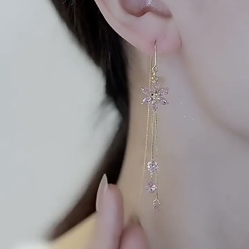 2025年新款潮甜美粉色水晶花朵耳环纯银长款流苏耳线防丢气质耳坠