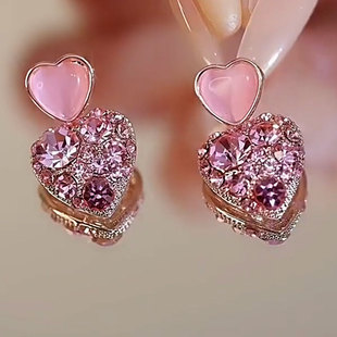2025年新款潮轻奢锆石粉爱心耳钉纯银针水晶耳环网红甜美气质耳饰