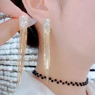 2025年新款时尚个性设计高级感简约长款金色流苏耳环轻奢小众耳饰