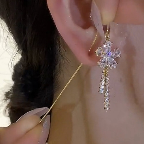 精致锆石花朵流苏耳线女轻奢高级