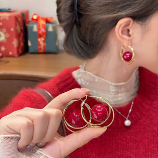 轻奢优雅简约百搭红色双层镂空圆环耳饰女金色几何耳钉百搭复古风