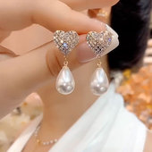 时尚 高级感爱心水滴珍珠耳环2025年新款 S925纯银精致小巧短款 耳饰