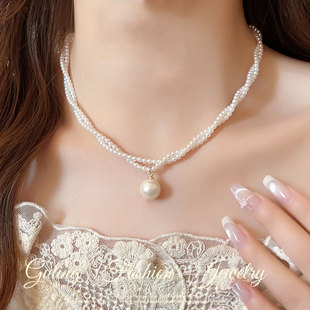 轻奢高级感水滴形双层珍珠项链百搭气质流行颈链欧美冷淡风锁骨链