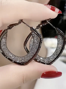 轻奢气质四方来财方形水晶耳圈时尚高级感几何圈圈耳环复古耳饰女