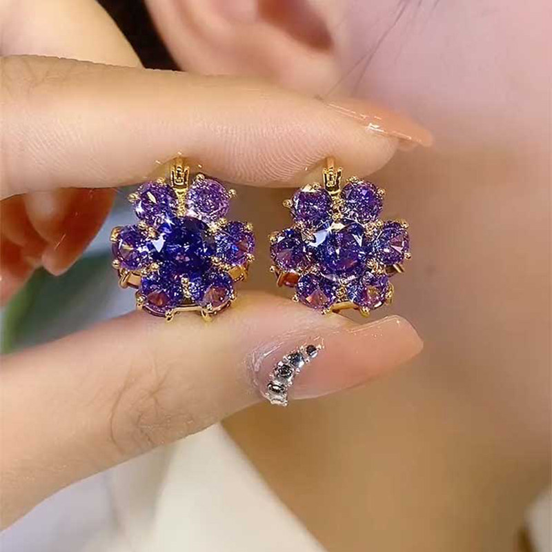 高级感紫色水晶耳扣双面锆石花朵