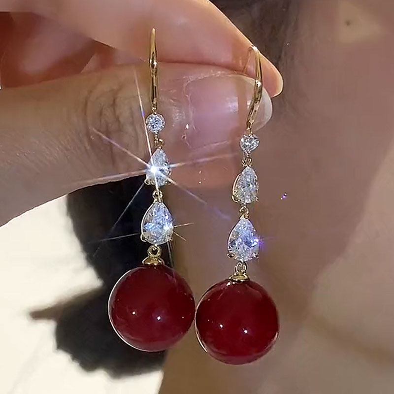 长款锆石流苏相思豆耳环女波西米亚珍珠耳线圆球幸运法式耳钩耳饰