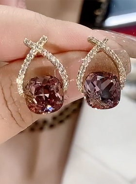 紫色水晶耳钉精致锆石交叉百搭耳环女小众设计高级感轻奢气质耳饰