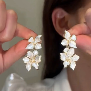 2025年新款法式轻奢气质百搭双花朵耳环小众高级感耳坠时尚耳饰女