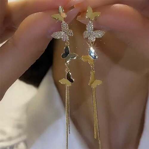 爆款锆石镶钻蝴蝶流苏耳钉设计感