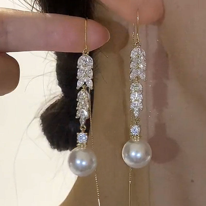 甜美精致中长款气质麦穗珍珠耳坠小众设计感镶钻锆石显瘦时尚耳饰