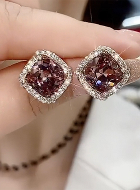 紫色水晶法式耳钉纯银针耳环精致小众设计高级感轻奢气质锆石耳饰