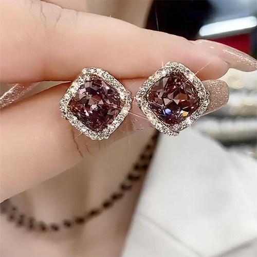 紫色水晶法式耳钉纯银针耳环精致