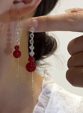 2025年新款潮红色葫芦流苏耳线高级感轻奢长款锆石水晶耳环耳饰女
