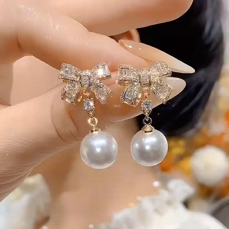 高端轻奢风蝴蝶结锆石珍珠耳环小众设计感百搭耳坠网红潮气质耳饰