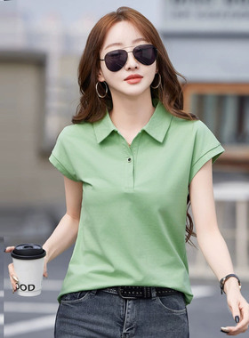 淡绿色有领女t恤夏季新款翻领气质上衣显瘦百搭妈妈休闲洋气工作t