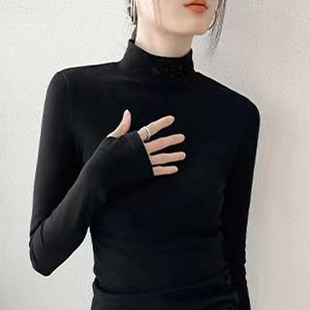 大码套指衫女冬半高领连带手套袖上衣内搭加厚德绒穿勾手指打底衫