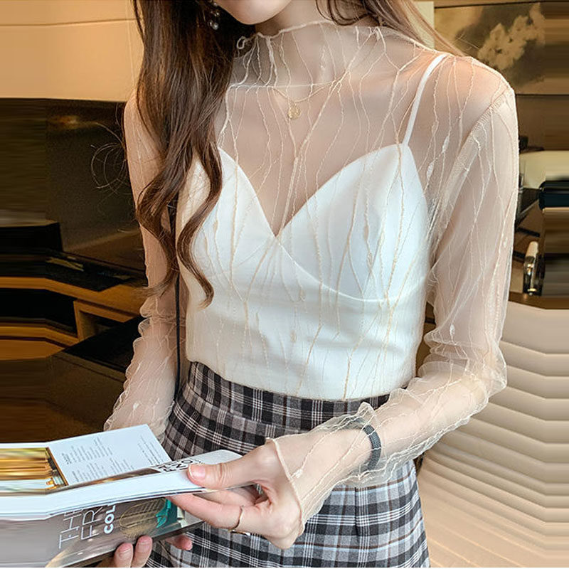 白莎衣单层内搭蕾丝衫女高领透明性感网纱打底衫纱网超薄沙t上衣