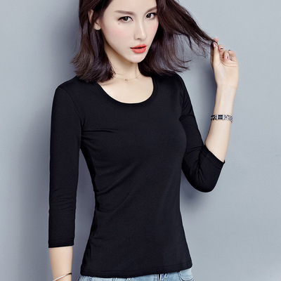 七分袖秋衣女春秋2023新小衫圆领半截袖t恤修身弹力六分袖打底衫