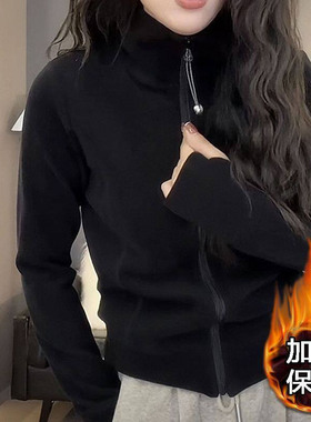 拉链开衫套手指卫衣女立领德绒手套袖上衣加绒加厚拇指套护手绒衫