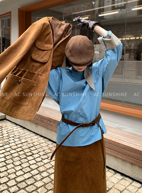 AC Sunshine秋冬叠穿上衣复古水洗纯棉格纹系带设计感衬衫女19267