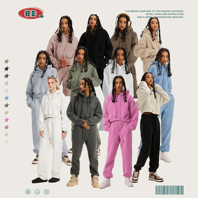 BE女装2025春季美式复古连帽套头卫衣女加绒加厚辣妹短款上衣女装