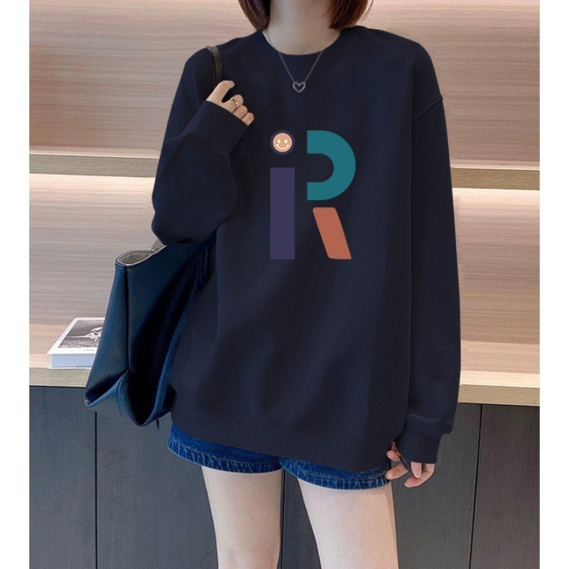 重磅圆领加绒卫衣女装秋冬季慵懒风大码宽松无帽套头上衣外套加厚