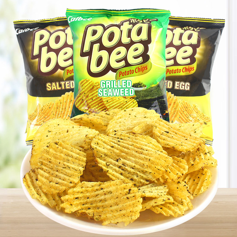 印尼进口零食 Calbee卡乐比波塔比咸蛋/烤海苔味波浪薯片膨化小吃