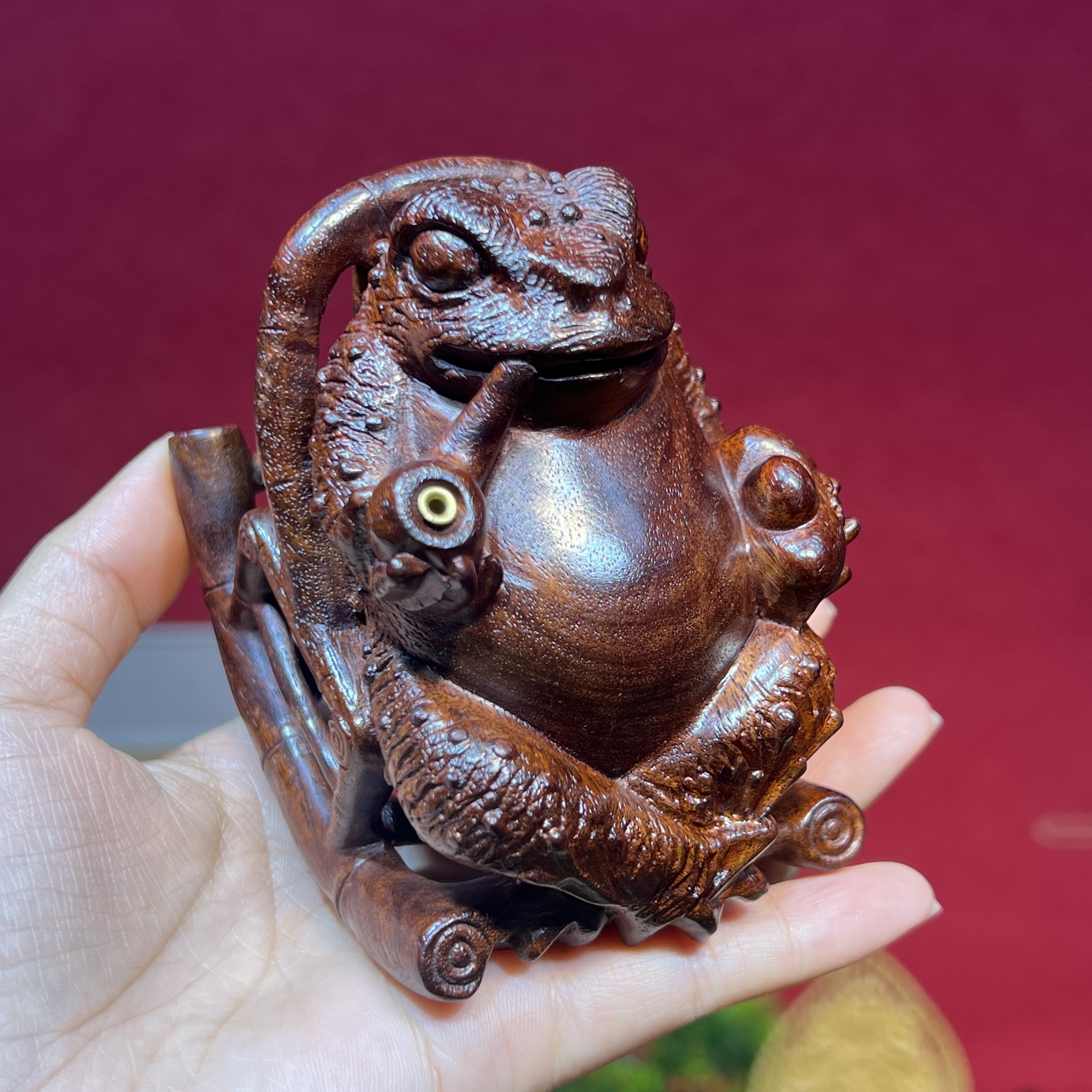 小叶紫檀摇椅金蟾线香插摆件大号一体雕刻自在惬意文玩摆件吉祥物