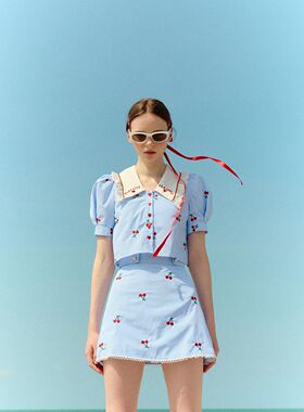 Flat2112 泰国品牌 少女小清新樱桃刺绣娃娃领泡泡袖衬衫A字半裙