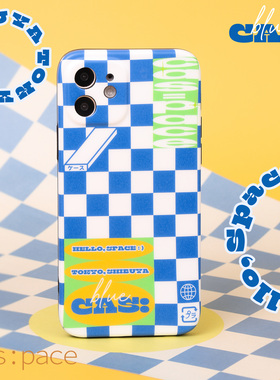 壳空间蓝原创意棋盘格纹适用苹果14手机壳15高级感iPhone13简约11/12Promaxs全包防摔
