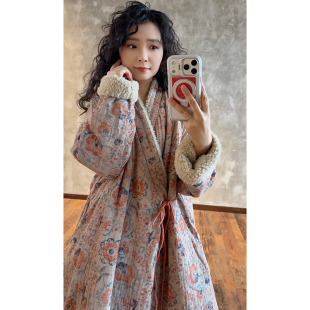 棉衣2625687 花卉撞色毛领斜襟系绳长款 YIMIAN 朝花锦国潮新中式