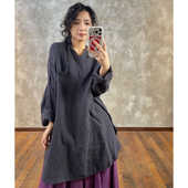 YIMIAN 色彩穿搭V领亚麻中长款 高级气质飘逸百搭遮肉上衣21039