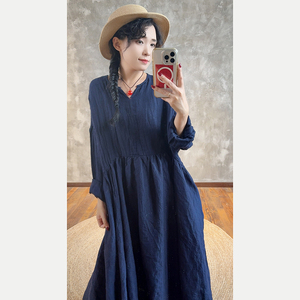 YIMIAN 宝藏亚麻拼接设计感高腰V领文艺绝美宽松连衣裙2625076