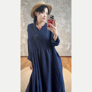 YIMIAN 宝藏亚麻拼接设计感高腰V领文艺绝美宽松连衣裙2625076