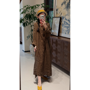 YIMIAN  文艺慵懒松弛高级感亚麻休闲极简圆领宽松连衣裙2626288