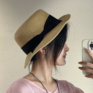 YIMIAN 小清新蝴蝶结平顶沙滩遮阳草编帽子