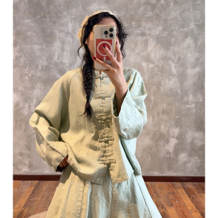 新中式 墨雨云间 薄荷高级感上衣2625293 清冷书卷气亚麻 YIMIAN