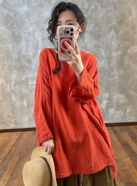 YIMIAN  春色轻盈高级优雅亚麻中长款纯色百搭圆领上衣21117