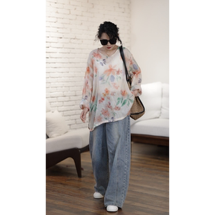 YIMIAN 高雅上衣2039 温柔浪漫苎麻文艺清新印花V领宽松时尚