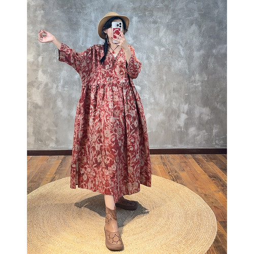 YIMIAN 宝藏亚麻民族风V领碎花高端优雅休闲高腰显瘦连衣裙26065 - 封面